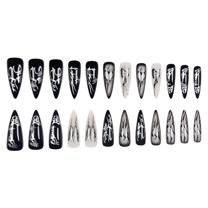 SINHOT Stiletto Press on Nails - Long Fake Nails, Glossy Finish, Black Butterfly & Gothic Style, DIY Artificial False Nail Art - 24 Pcs Nail Kit with Glue - Image 4